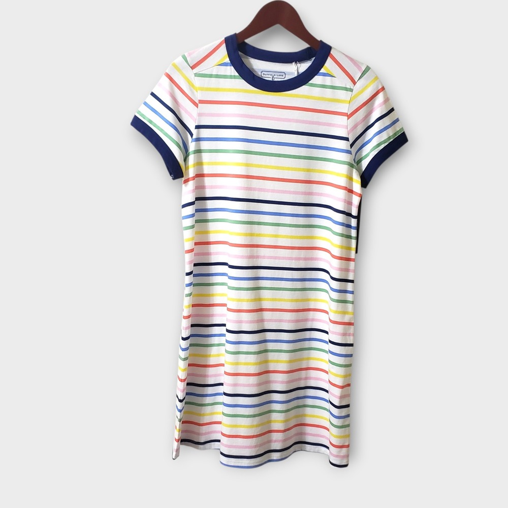 NWT Duffield Lane Tallie T Shirt Dress Rainbow Stripe Cotton Womens Small *FLAW*